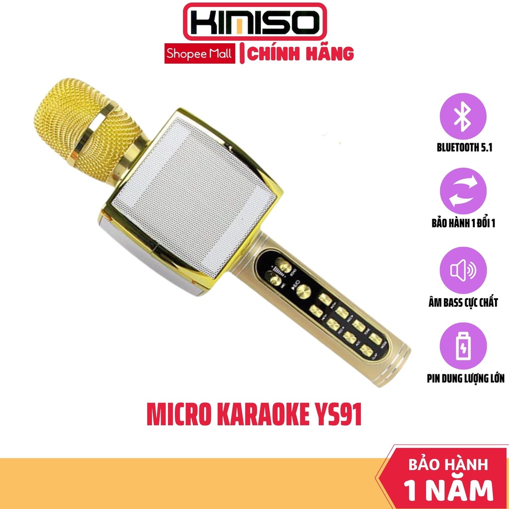Micro Karaoke Bluetooth KIMISO YS-91 Không Dây Kèm Loa Hỗ Trợ Thu Âm, Tích Hợp Loa Bass