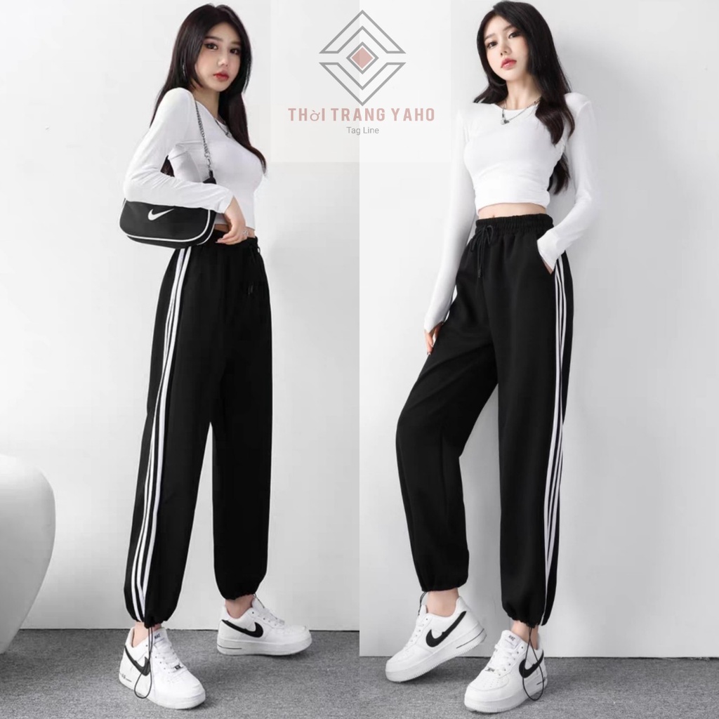 Quần thể thao nữ Jogger ống rộng bo chun gấu rút dây màu đen đi học sinh- Quần ống rộng 3 sọc trắng vải UMÌ hàn mặc làm