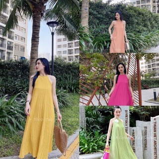 Váy yếm chất đũi xốp_Váy maxi đi biển siêu xinh