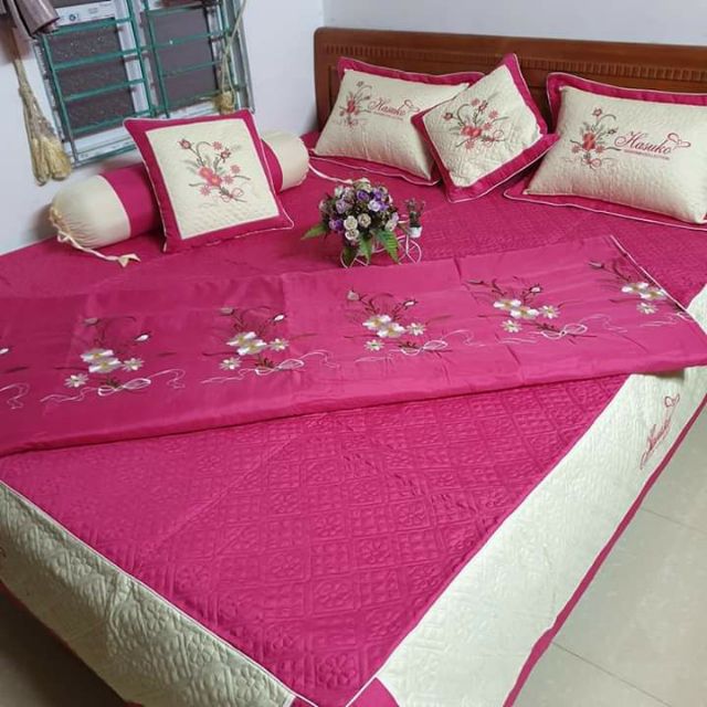 (rẻ vô địch)   Bộ ga gối satin poly cotton 7 món thương hiệu Hansanko