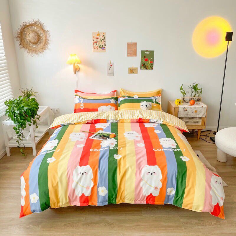 Bộ chăn ga gối poly cotton Gấu cầu vồng - Miễn phí bo chun mọi kích thước