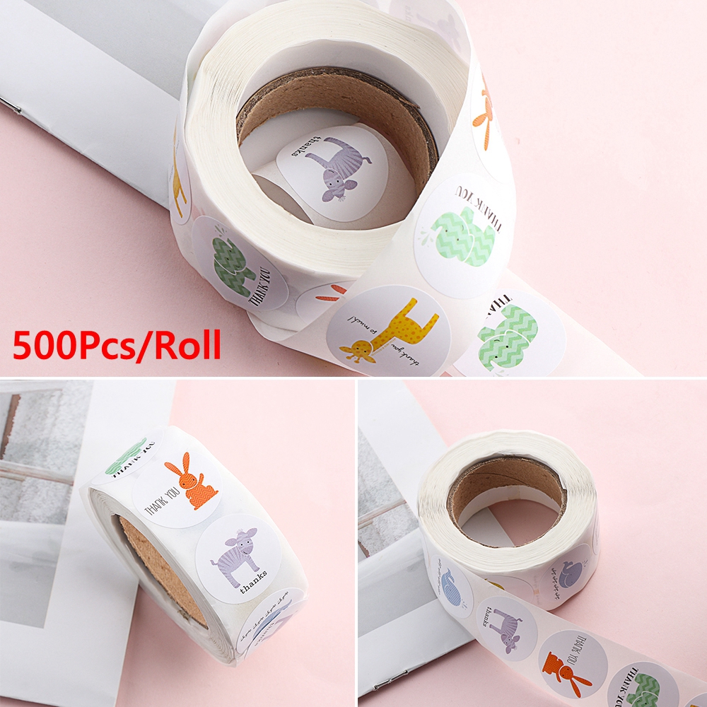 Cuộn 500 nhãn dán tròn in chữ 'Thank You' họa tiết động vật hoạt hình trang trí bao bì quà tặng