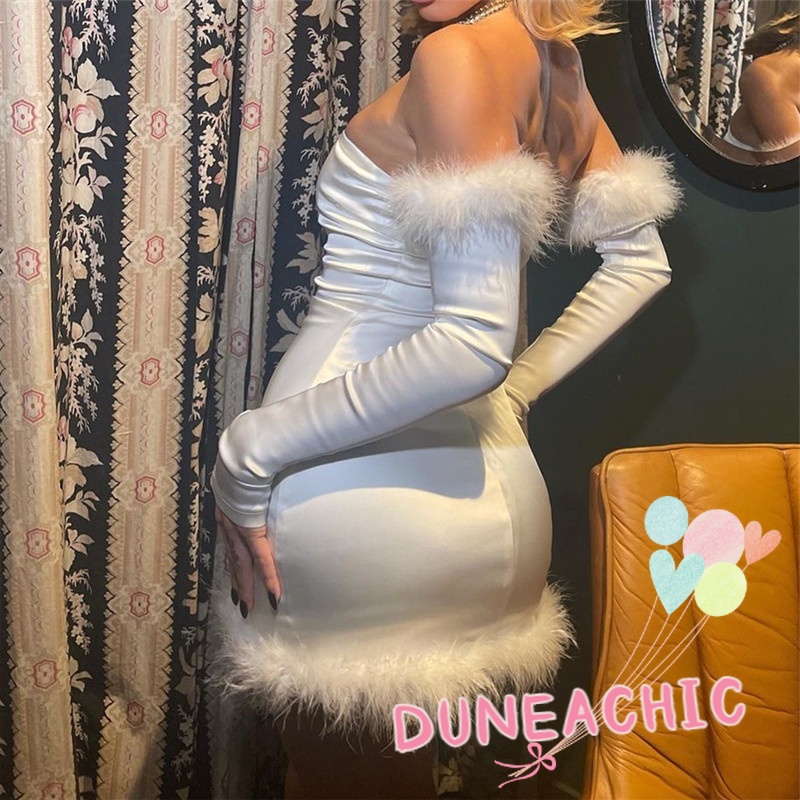 DUNEA Đầm trễ vai tay dài phối lông vũ thời trang quyến rũ cho nữ