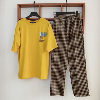 Set Đồ unisex Áo thun Rap + quần caro Nâu (hình thật)