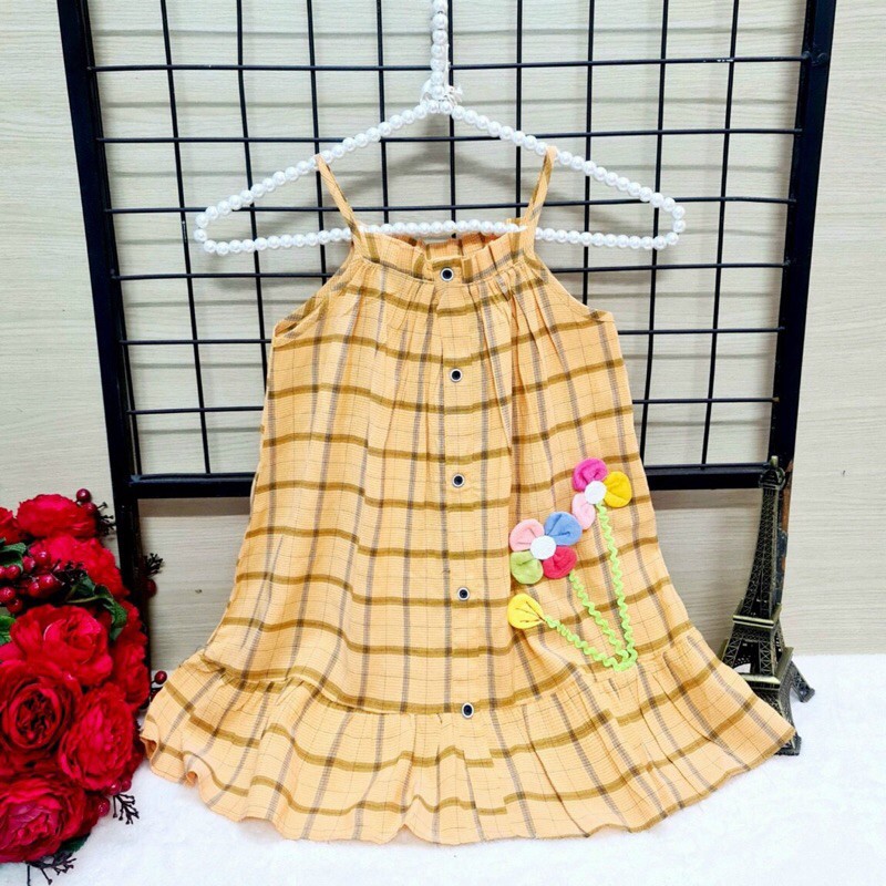 Đầm caro 2 dây viền bông - đầm trẻ em - đầm bé gái đi chơi - đầm cotton mùa hè