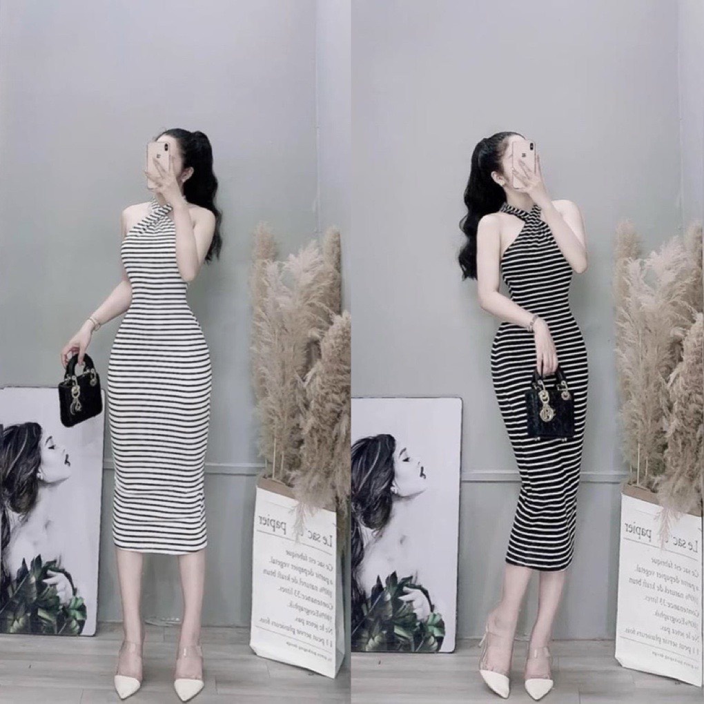 Đầm body cổ chéo chất thun gân co dãn mặc siêu tôn dáng