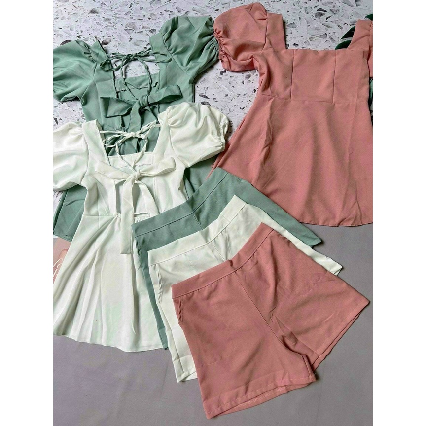 [ Miễn Phí Ship 2022 ] Set bộ đùi vải for áo cổ vuông hở lưng kèm quần ngắn, set bộ hai món kiểu dáng thời trang