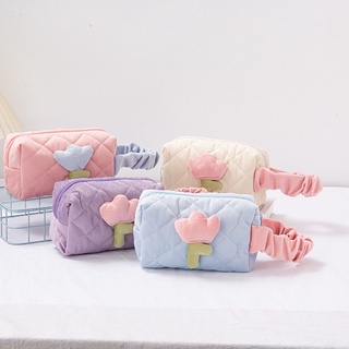 Túi đựng bút, mỹ phẩm, đồ makeup phong cách hàn quốc - hottrend, màu pastel có hoa tulip bằng bông