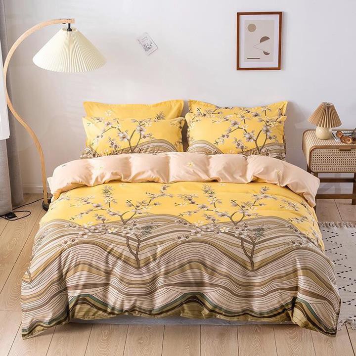 Bộ chăn ga gối drap giường chất cotton poly họa tiết mai vàng