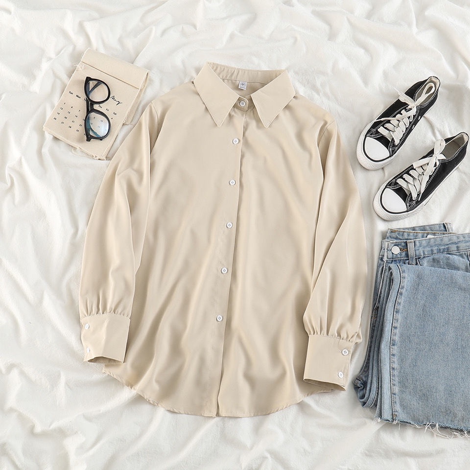 Áo Sơ Mi Dáng Rộng Màu Trơn Phong Cách Retro Cho Nữ Plus Size