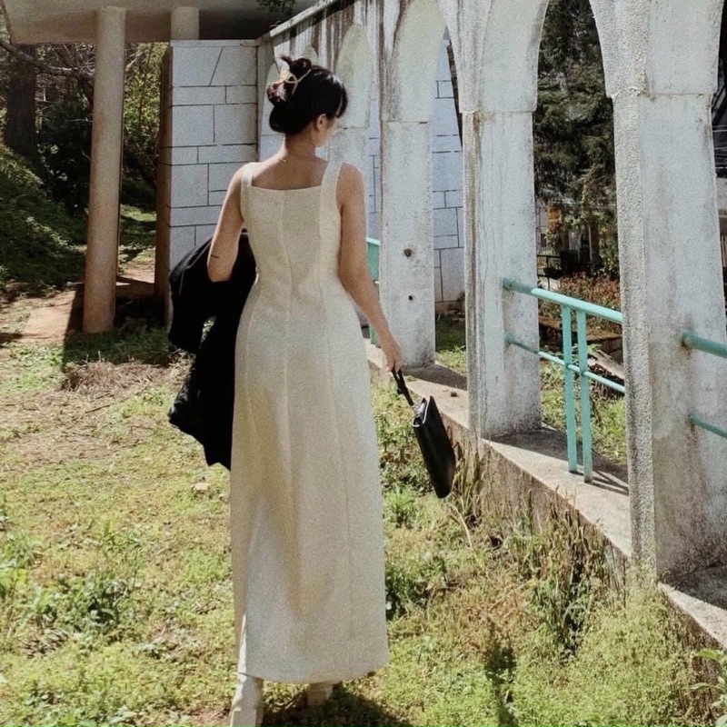 Đầm váy midi trắng hai dây form suông dài