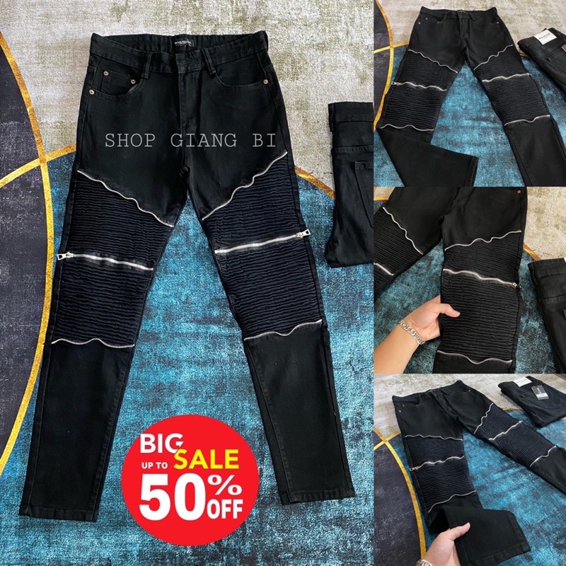 Quần jean vá nhăn phối 6 khoá,quần jean phối khoá zip vá nhăn gối