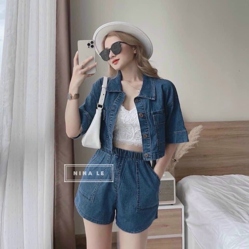 ❤️FREESHIP❤️ Bộ Jean Áo Cộc Quần Shorts bộ bò croptop siêu xinh #028 _hàng sẵn