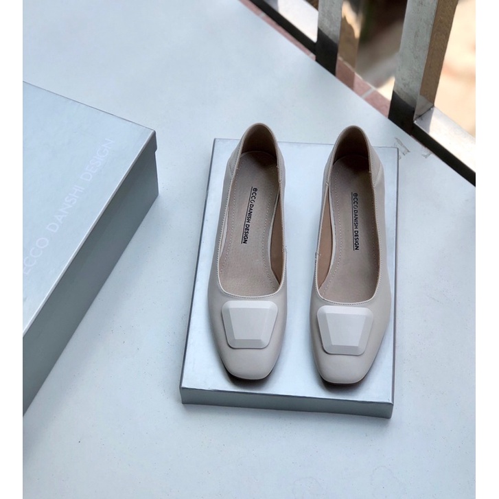 Giày búp bê mũi vuông gót cao 3cm thương hiệu Ecco da thật cao cấp màu đơn giản dễ phối đồ