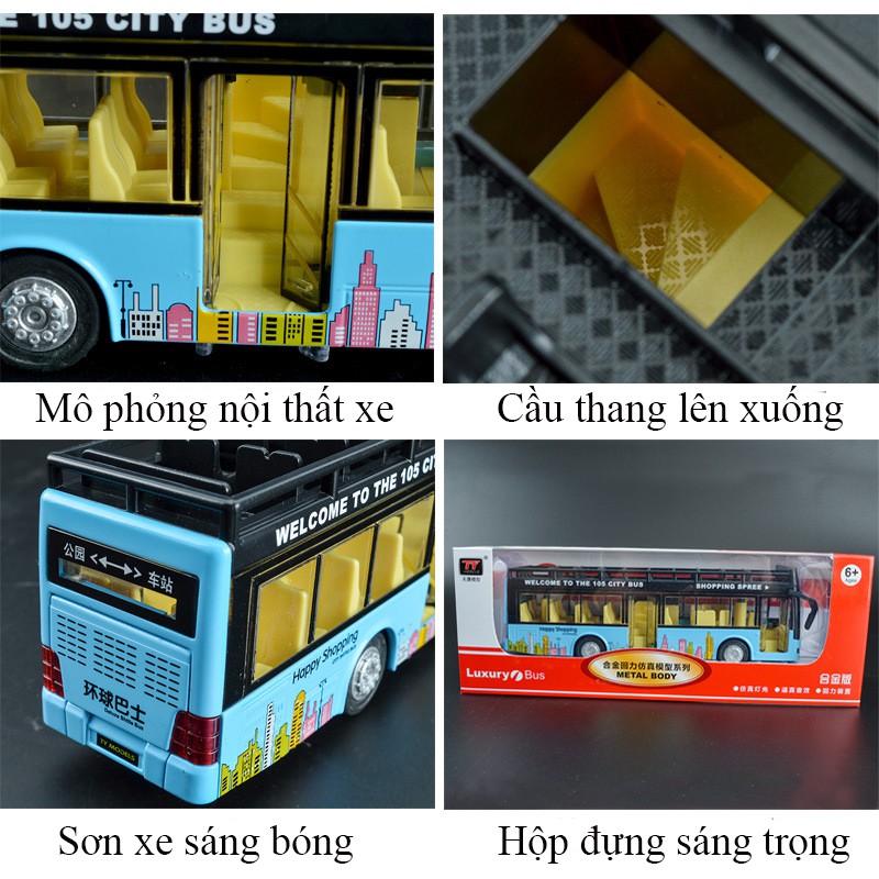 Đồ chơi mô hình xe bus 2 tầng mui trần có nhạc và đèn chạy cót bằng kim loại bền bỉ, xe thăm quan du lịch thành phố