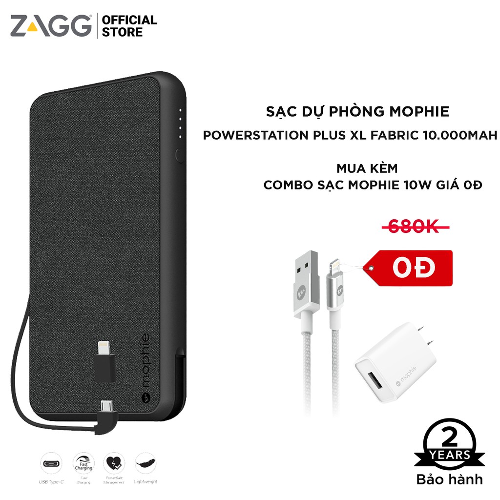 [Mã ELTECHZONE giảm 5% đơn 500K] Sạc Dự Phòng Mophie Powerstation Plus XL Fabric 10.000mAh + Cáp Lightning/Micro USB