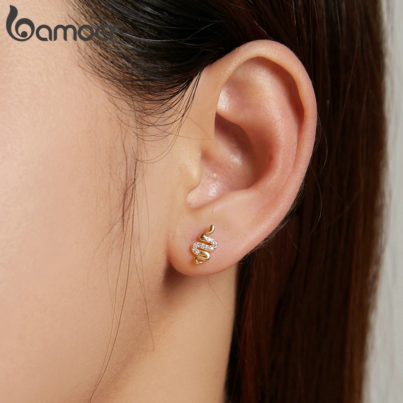 Cặp khuyên tai Bamoer BSE526 bằng bạc 925 hình rắn đính đá zircon thời trang cho nữ