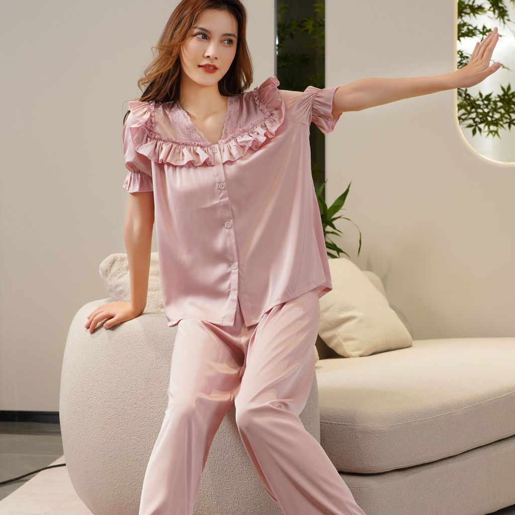 Bộ Đồ Ngủ Pijama Ngắn Tay Cổ Búp Bê Bằng Lụa Mát Phong Cách Công Chúa Dành Cho Nữ