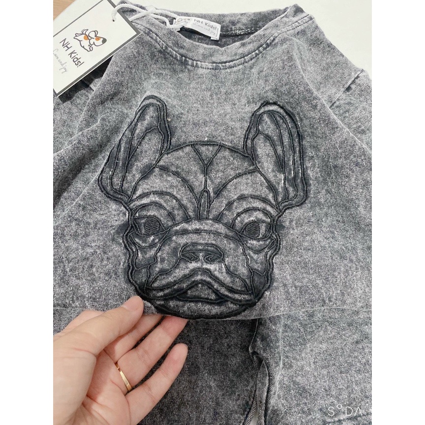 Bộ cộc tay bé trai, set bộ quần áo bò cotton cao cấp thêu họa tiết chú chó Buldog cho bé size 10-30kg