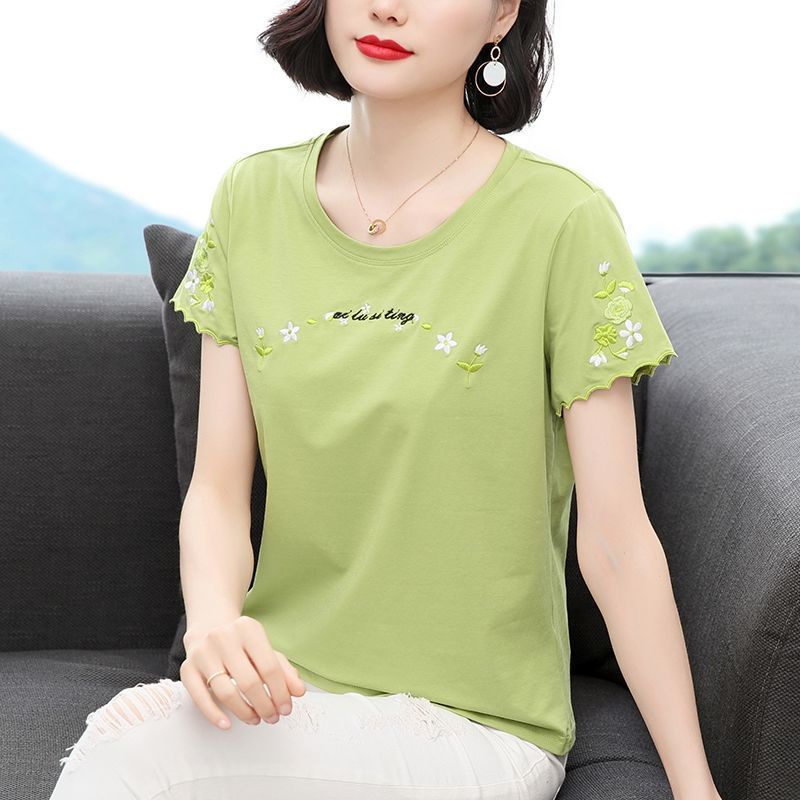 Áo Thun cotton Cổ Tròn Dáng Rộng Thêu Họa Tiết Đơn Giản Thời Trang Mùa Hè Cho Nữ Trung Niên