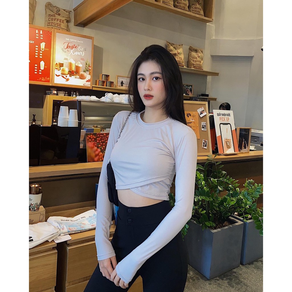 Áo croptop nữ tay dài HHVINTAGE kiểu chéo eo thun co giãn TOP A56