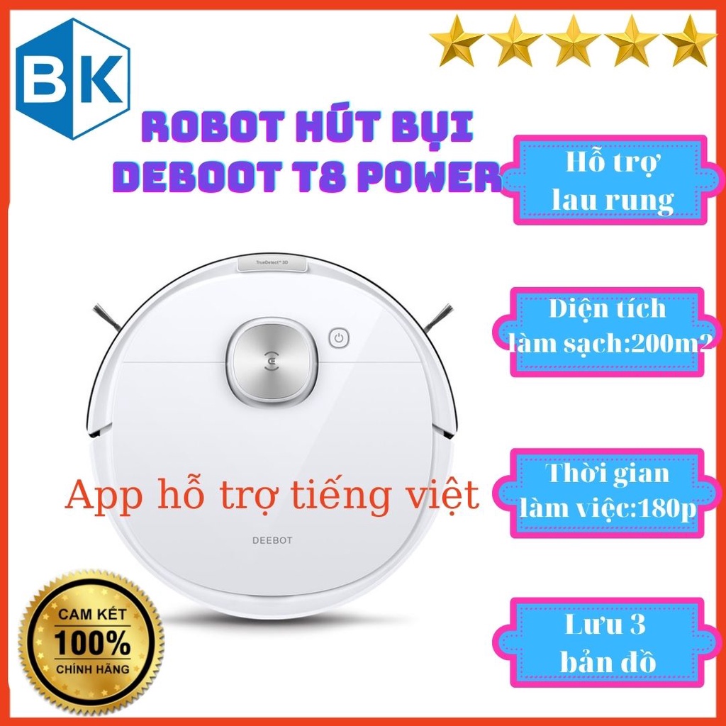 Robot Hút Bụi Lau Nhà Ecovacs Deebot T8 Power, Hàng Chính Hãng, Mới 100%,Lau hút đồng thời,hỗ trợ lau rung