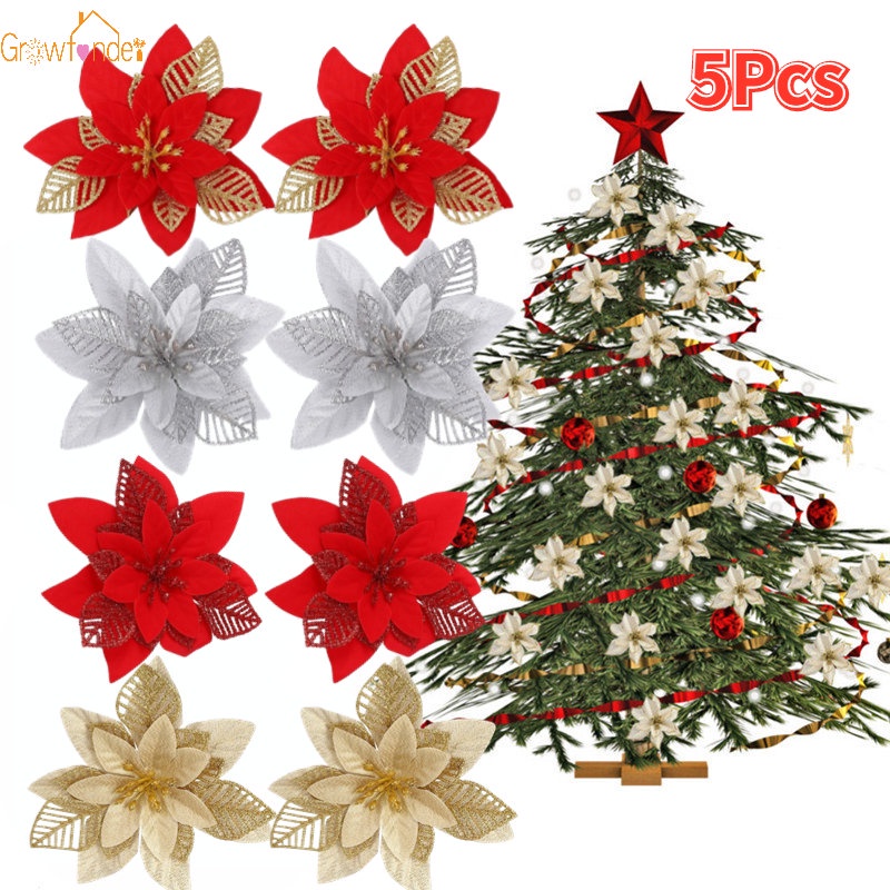 Set 5 Bông Hoa Giả Màu Đỏ / Vàng Kim Lấp Lánh Trang Trí Cây Thông Giáng Sinh / Năm Mới DIY