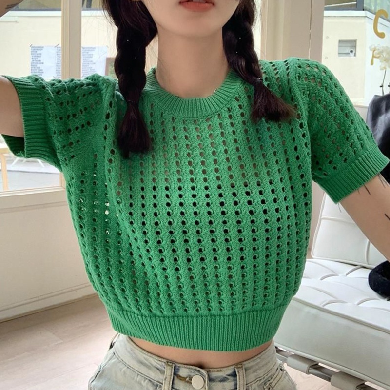 Áo Croptop Dệt Kim Tay Ngắn Cổ Tròn Màu Trơn Thời Trang Mùa Hè Cho Nữ