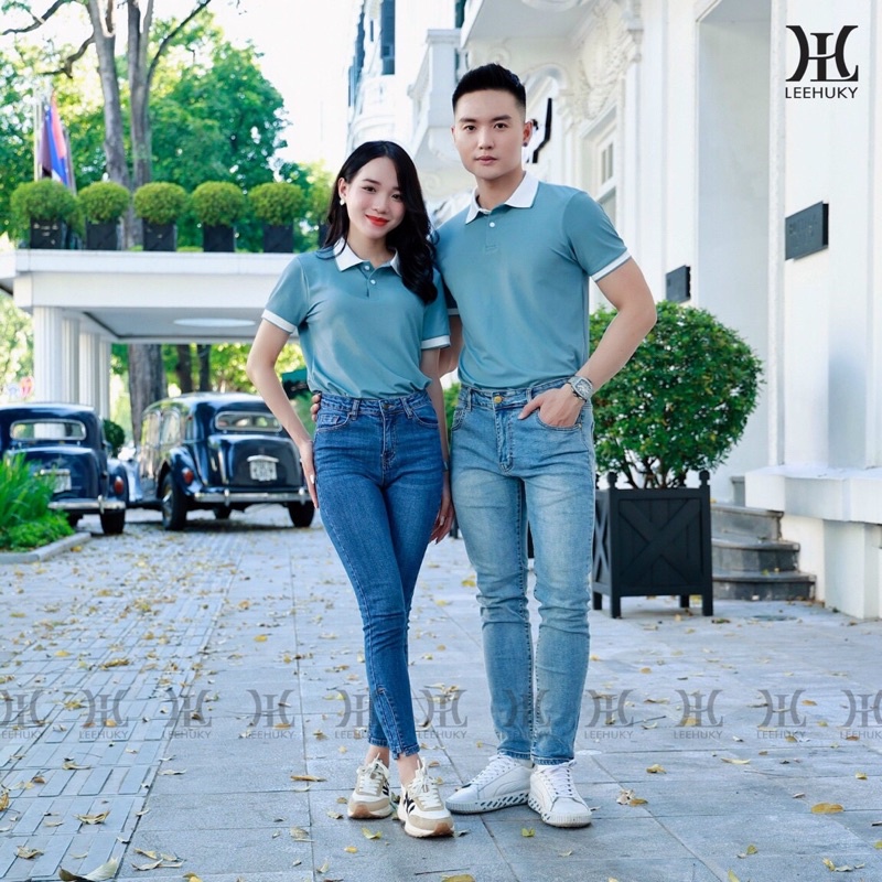 Áo polo đôi nam nữ phối cổ vải cotton cá sấu 4 chiều thấm hút mồ hôi