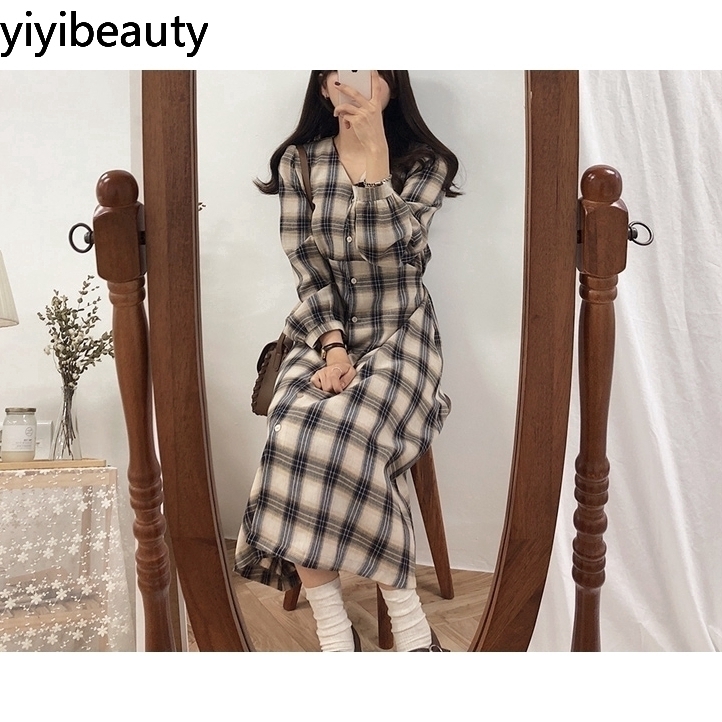 Đầm tay dài họa tiết sọc caro phong cách Hàn thời trang xinh xắn cho nữ | BigBuy360 - bigbuy360.vn