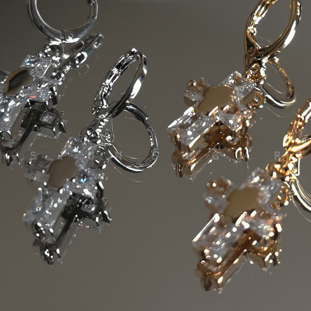 Khuyên Tai Hình Chữ Thập Đính Đá zircon Lấp Lánh Phong Cách Âu Mỹ Đơn Giản