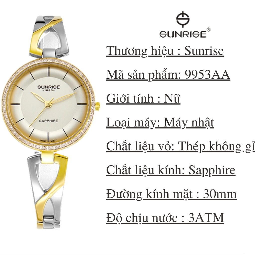 Đồng hồ nữ chính hãng Sunrise 9953AA dây kim loại Sapphire Chống Xước, Chống Nước
