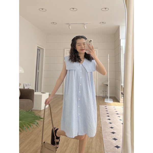 [HÀNG THIẾT KẾ - CRUSHH STUDIO] D04 - Đầm sơ mi caro xanh xốp