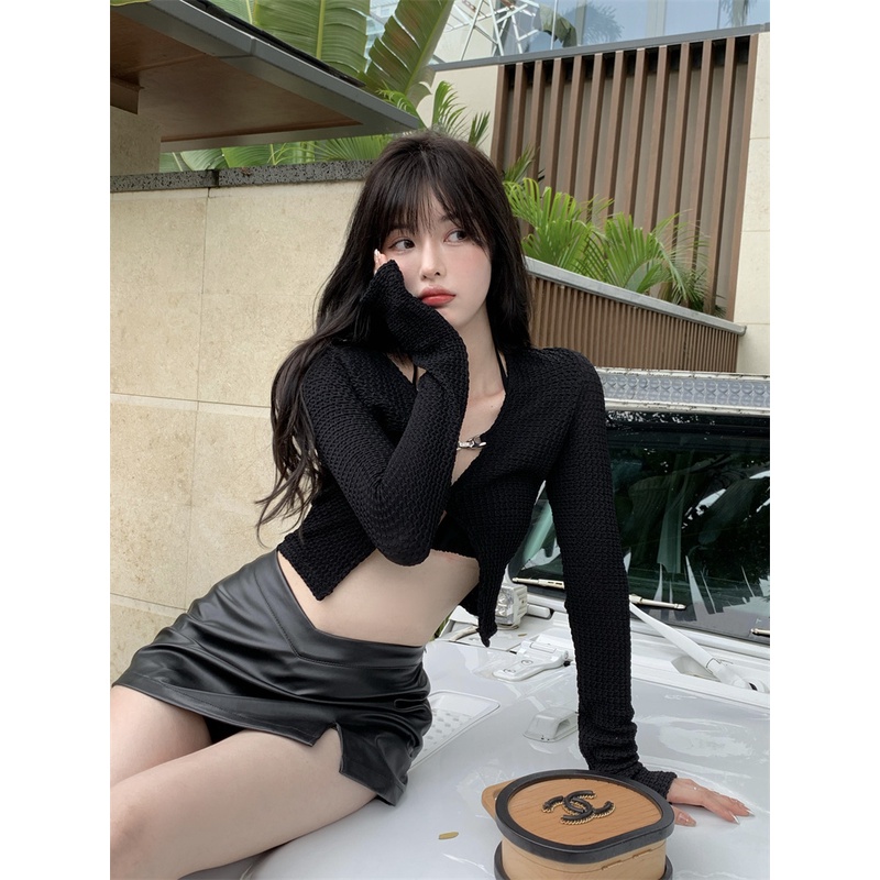 Set Áo Cardigan Ngắn Tay Dài + Chân Váy Xẻ Tà Thời Trang Cho Nữ