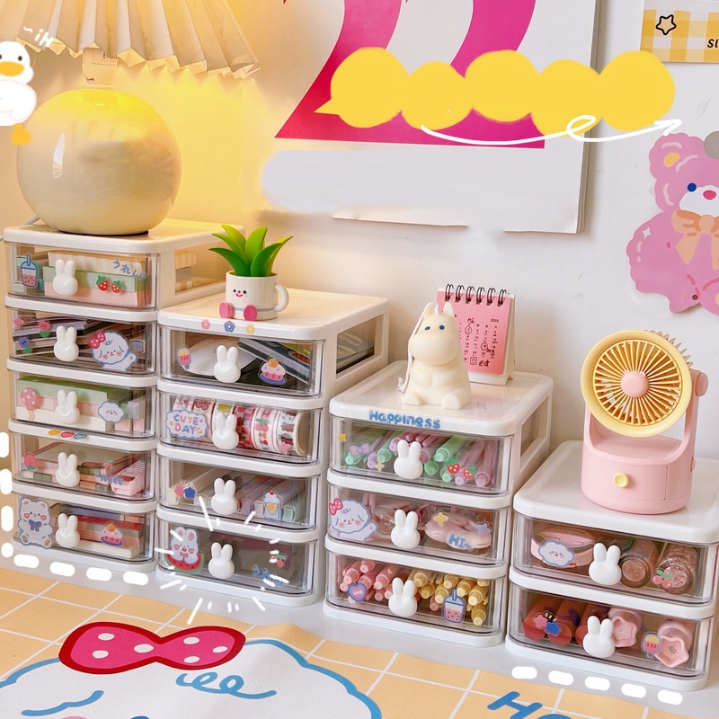 Hộp Đựng Mỹ Phẩm Nhiều Ngăn Họa Tiết Thỏ Dễ Thương Chống Bụi