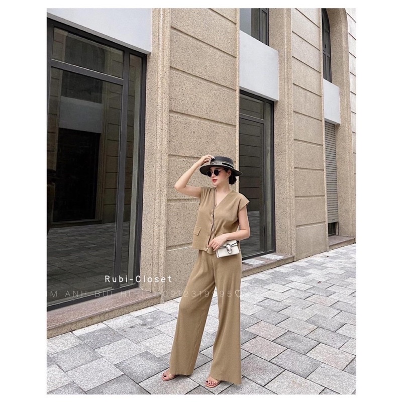 Set Len Mongtoghi Cao Cấp, Set Áo Len Sát Nách Phối Quần Ống Suông Quảng Châu