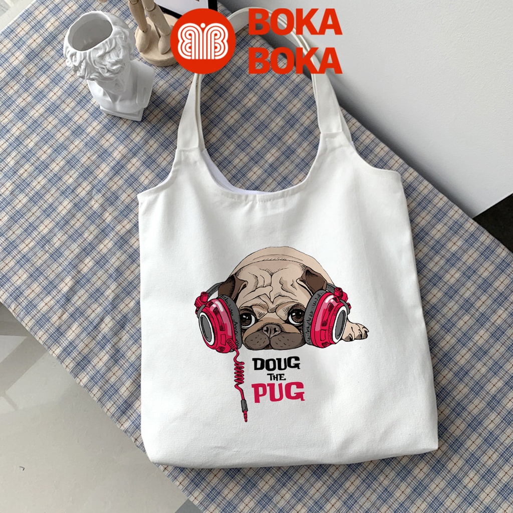 Túi Tote Vải Canvas Quai Tròn Hình Chó Pug Có Khóa Miệng Túi