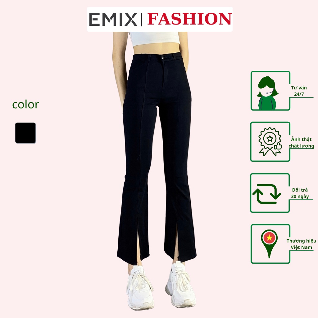 Quần jean giấy nữ cạp cao EMIX (màu đen), dáng dài 90cm, ống ôm và loe, xẻ trước, chất vải jean giấy co giãn 899