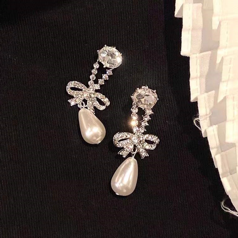 Bông Tai Mạ Bạc 925 Hình Nơ Đính Ngọc Trai Cao Cấp Phong Cách Hàn Quốc