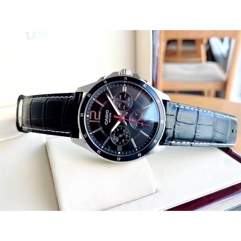 Đồng hồ Nam Casio MTP-1374L-1A, đồng hồ chính hãng, dây da đen mặt đen, 6 kim