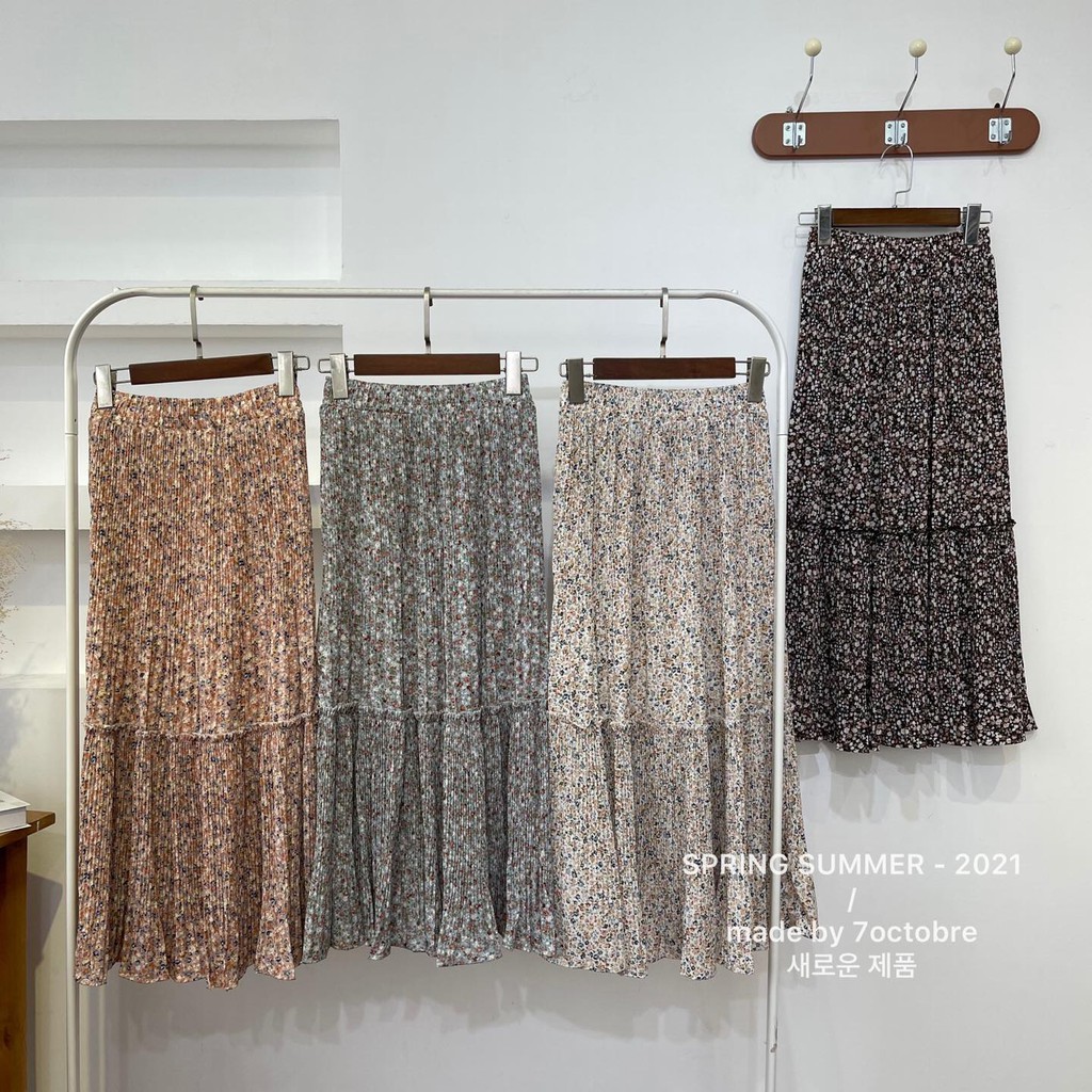 Chân váy midi nhăn hoa nhí