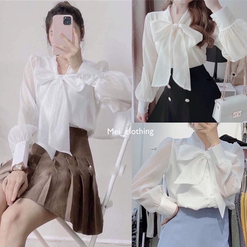 [Ảnh thật/sẵn] Áo sơmi tơ thiết kế tay bồng cổ nơ thanh lịch/ đồ công sở/ sơ mi cúc ngọc