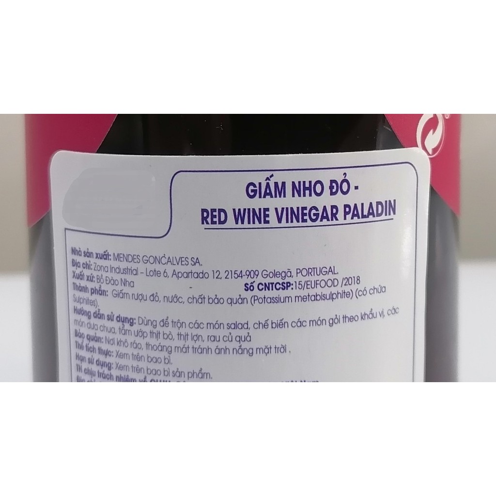 Dấm (giấm) nho đỏ Bồ Đào Nha PALADIN Red Wine Vinegar 500ml