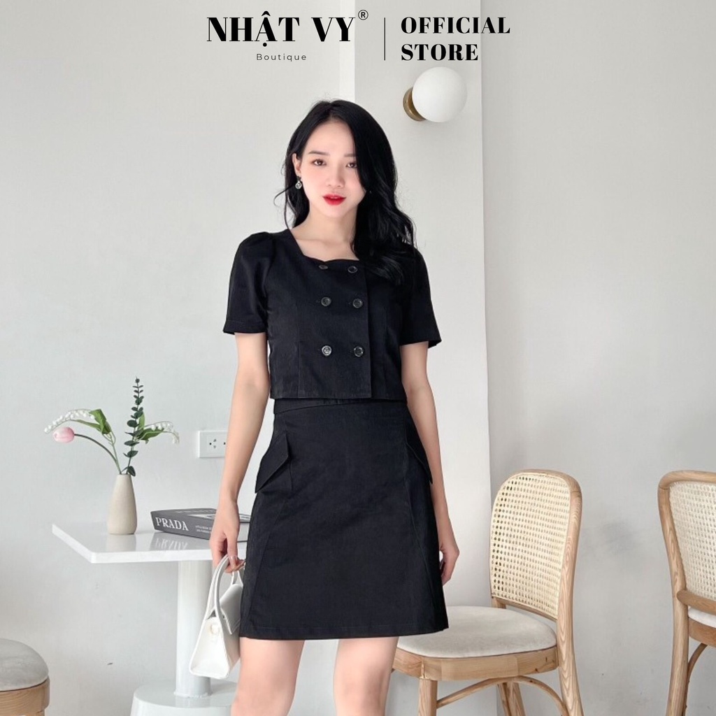 Set áo cổ vuông công sở Nhật Vy cài cúc kèm chân váy đắp túi chất thun tapta phù hợp đi chơi dạo phố cafe - D2515