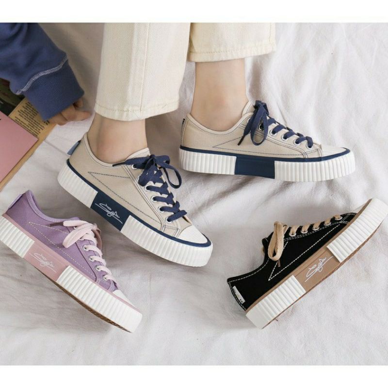 Giày Nữ Sneaker Màu Tím Chữ Ký Đế Mới Kiểu Dáng Hàn Quốc Cực Xinh Xắn, Giày Nữ Thời Trang Trẻ Trung Phong Cách