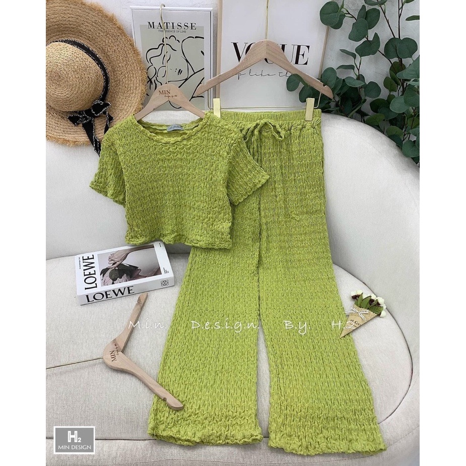 [8.8 Sales Freeship] Set bộ thun xốp trơn màu quần dài, bộ xốp áo croptop quần suông, bộ dài đi chơi dễ thương