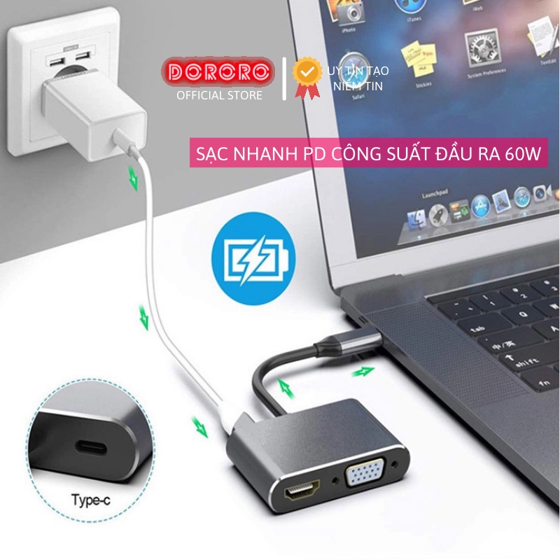 Hub Type C 5 in 1 - Bộ chuyển đổi Type c to HDMI VGA USB 3.0 Type C 3.5 Audio cho Laptop Mac, Dell, Lenovo