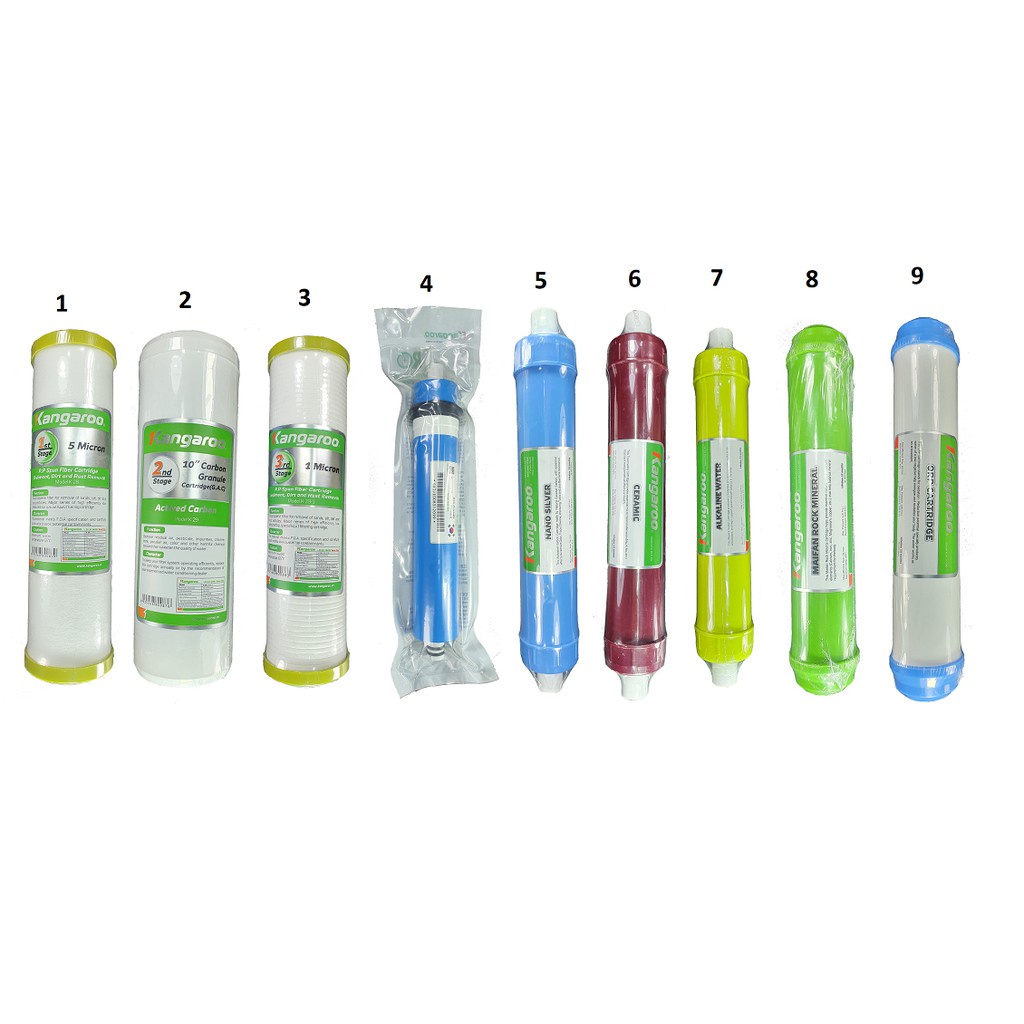 Bộ 09 Lõi Lọc Nước Kangaroo 1,2,3,4,5,6,7,8,9 Cam kết hàng chính hãng( lõi 5,6,7,8,9 tặng kèm 2 cút góc đấu nhanh)