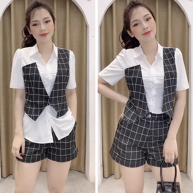 Set Đồ Nữ, Bộ Nữ Caro Chất Kate Kết Hợp Với Sơ mi Vải Thô