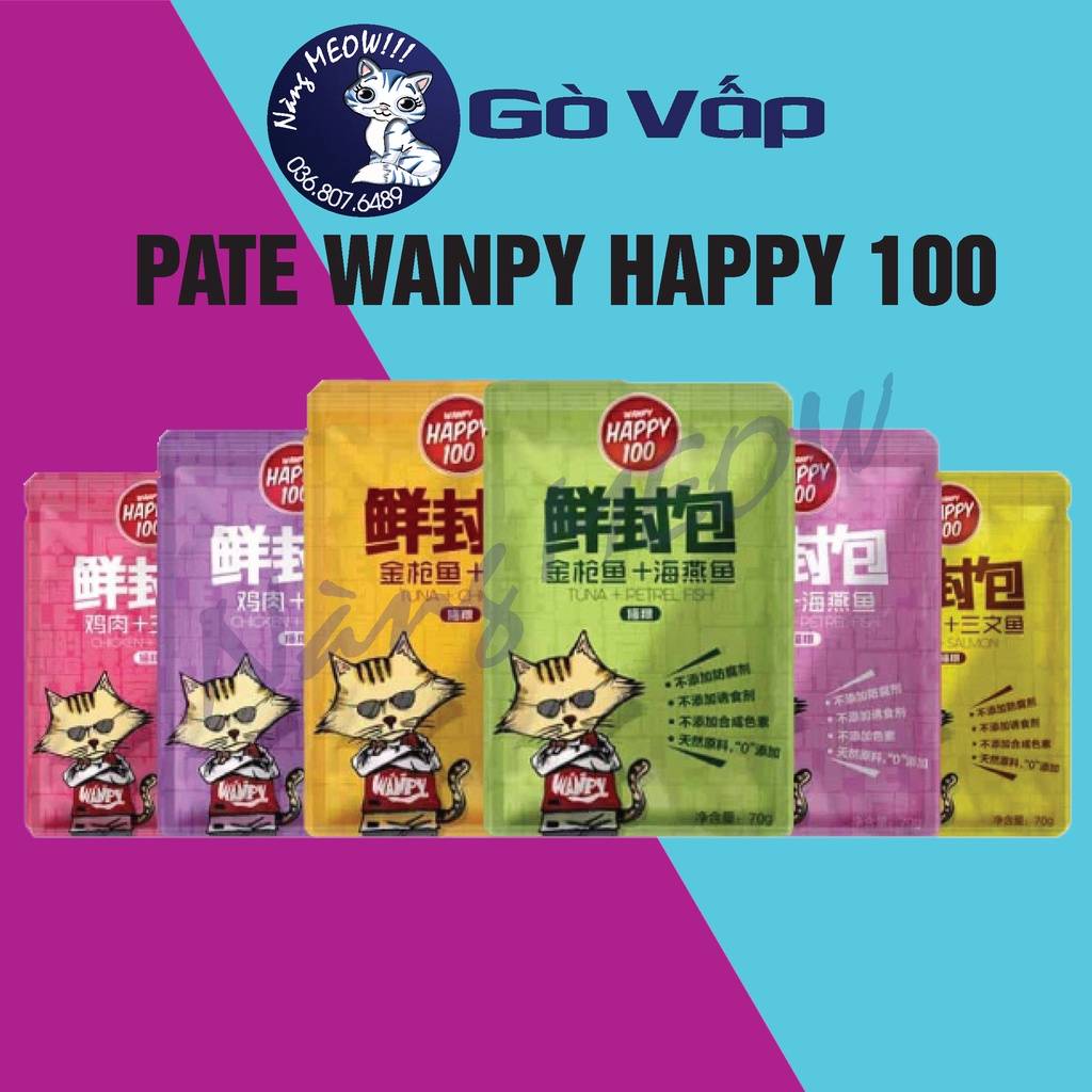 Pate Wanpy Happy100 Gói 70g, Thức ăn ướt, Pate dinh dưỡng cho mèo